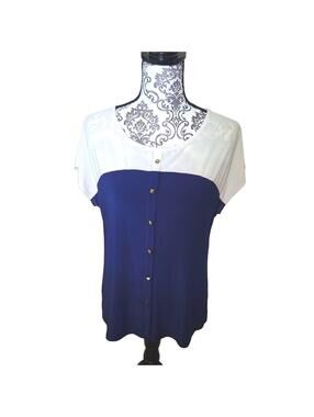 Womens Two-Tone Navy and White Button Front Top, Size Large